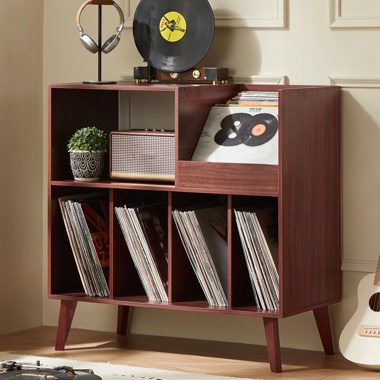 LELELINKY Large Record Player Stand, Turntable Stand with Storage, Vinyl Record Holder with Display Area, Record Player Table Holds Up to 300 Albums, Record Stand for Music Room Living Room-Brown
