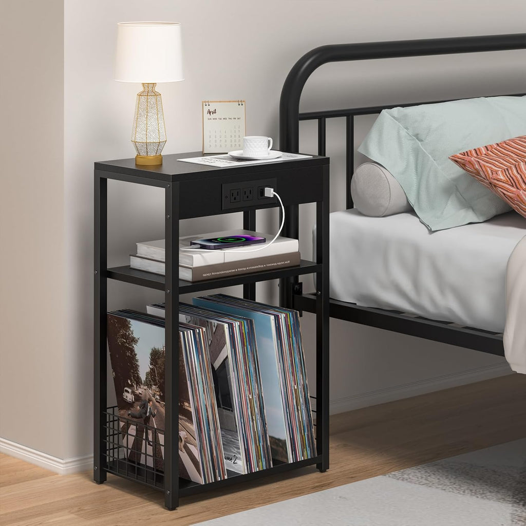 LELELINKY Black Record Player Stand with Charging Station