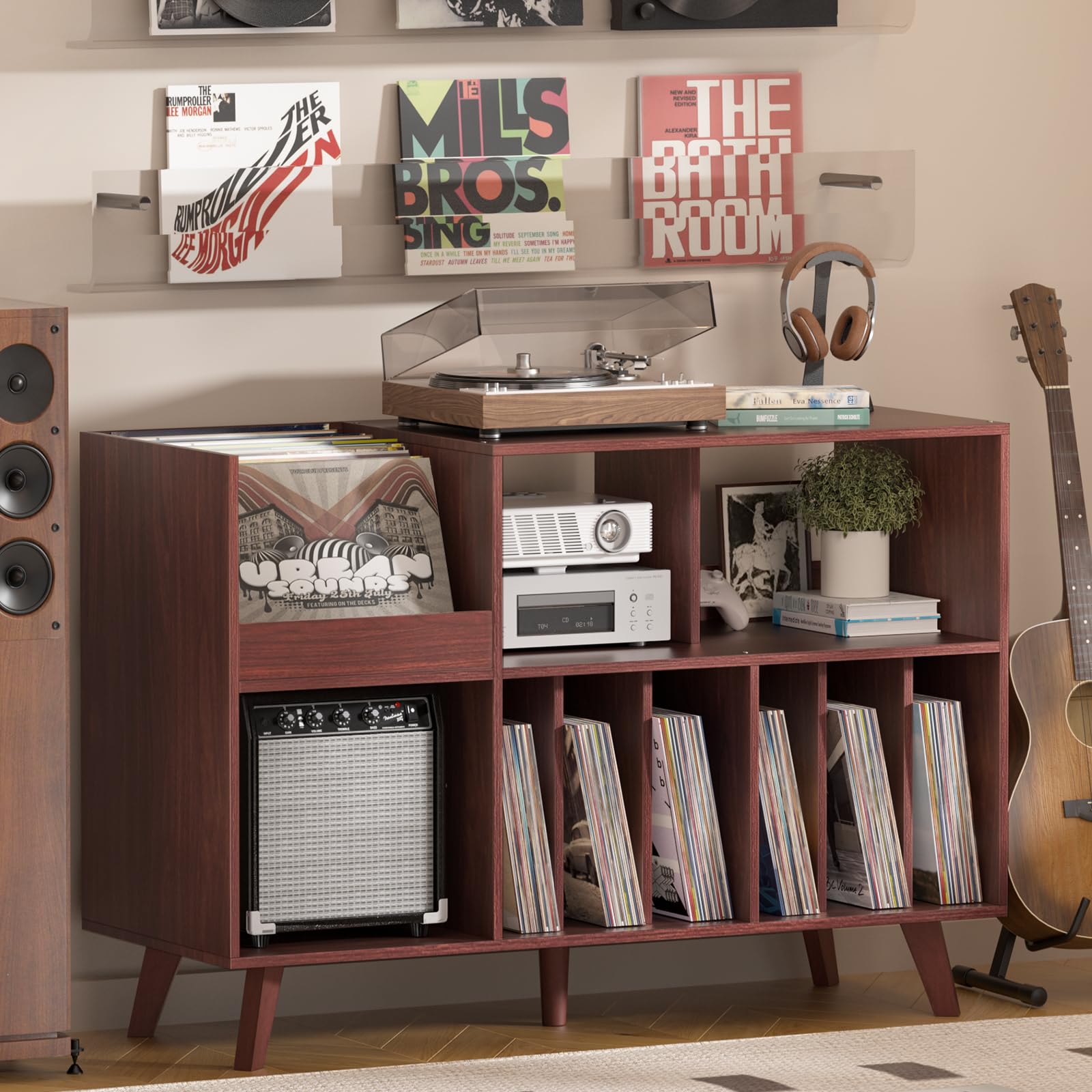 LELELINKY Large Record Player Stand, 48‘’Turntable Stand with Storage, Vinyl Record Holder with Display Area, Record Player Table Holds Up to 450 Albums, Record Stand for Music Room Living Room