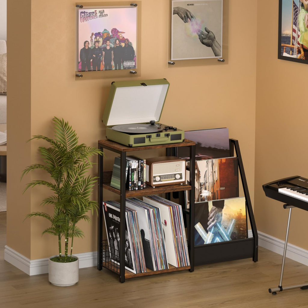 LELELINKY Record Player Stand, Black Adjustable Guitar Stand for Acoustic Guitar, Electric Guitar, Bass, Turntable Stand with Vinyl Display Shelf Storage Up to 150 Albums, End Table for Music Room