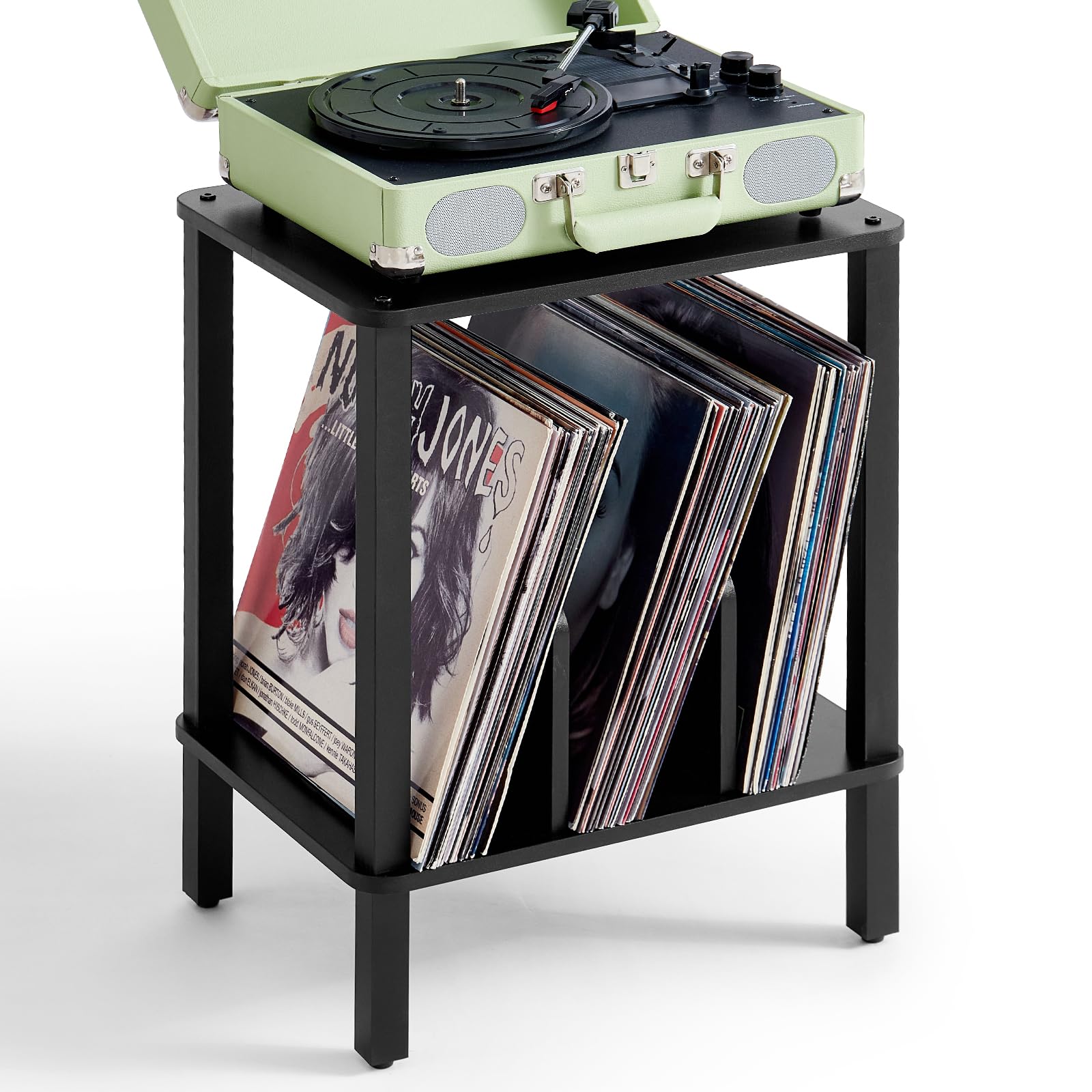 LELELINKY 2-Tier Record Player Stand with Vinyl Record Storage up to 100 Albums, Bedroom Record Holder and Multi-Functional End Table for Living Room, Brown