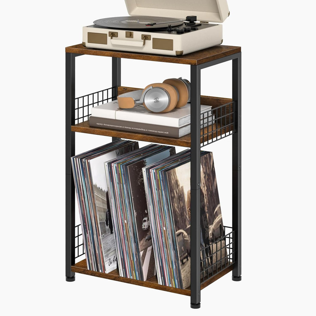 LELELINKY End Table with Storage, Brown Nightstand for Small Spaces,3 Tier Record Player Stand with Vinyl Storage Shelf, Sofa Couch Side Tables for Living Room Bedroom