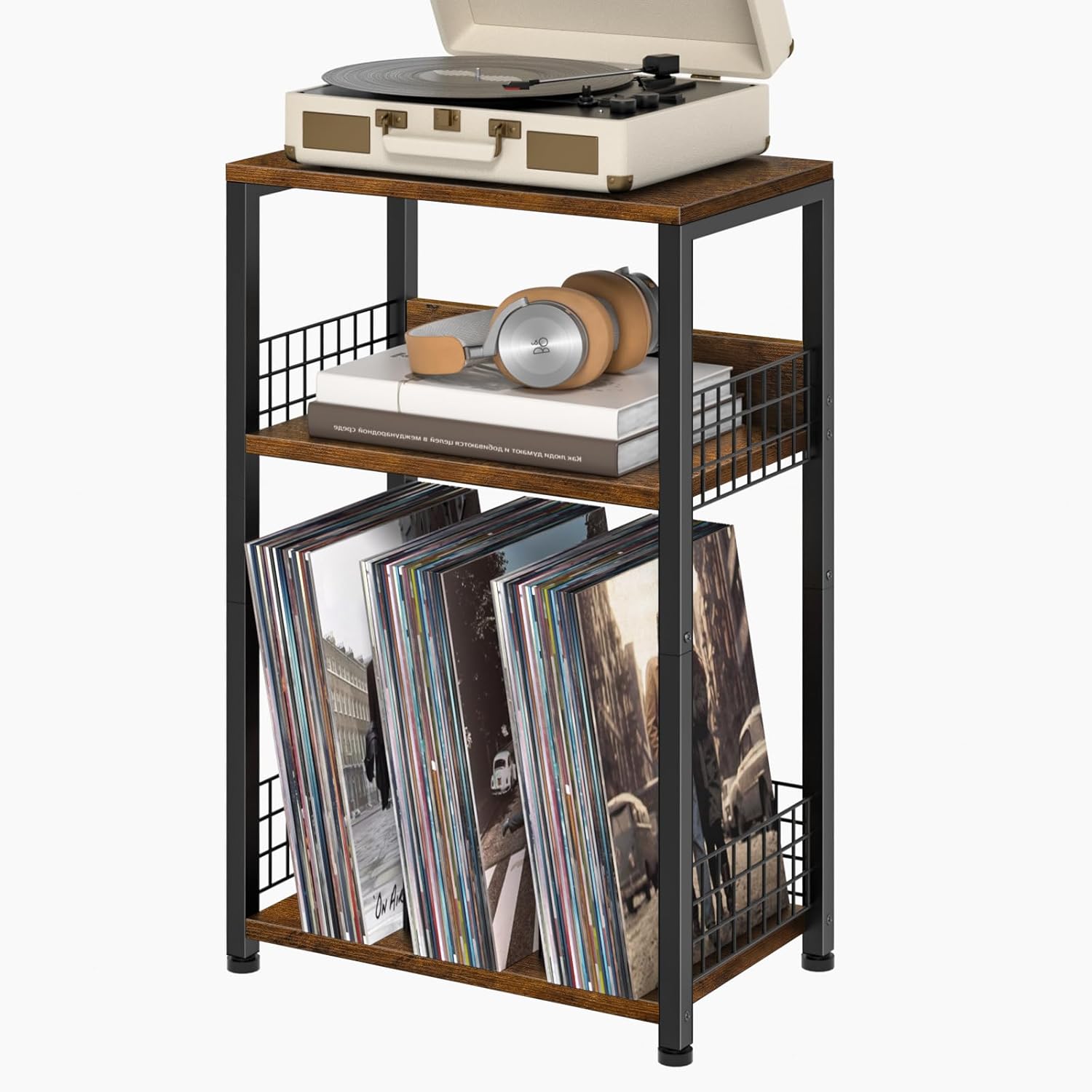 LELELINKY End Table with Storage, Brown Nightstand for Small Spaces,3 Tier Record Player Stand with Vinyl Storage Shelf, Sofa Couch Side Tables for Living Room Bedroom