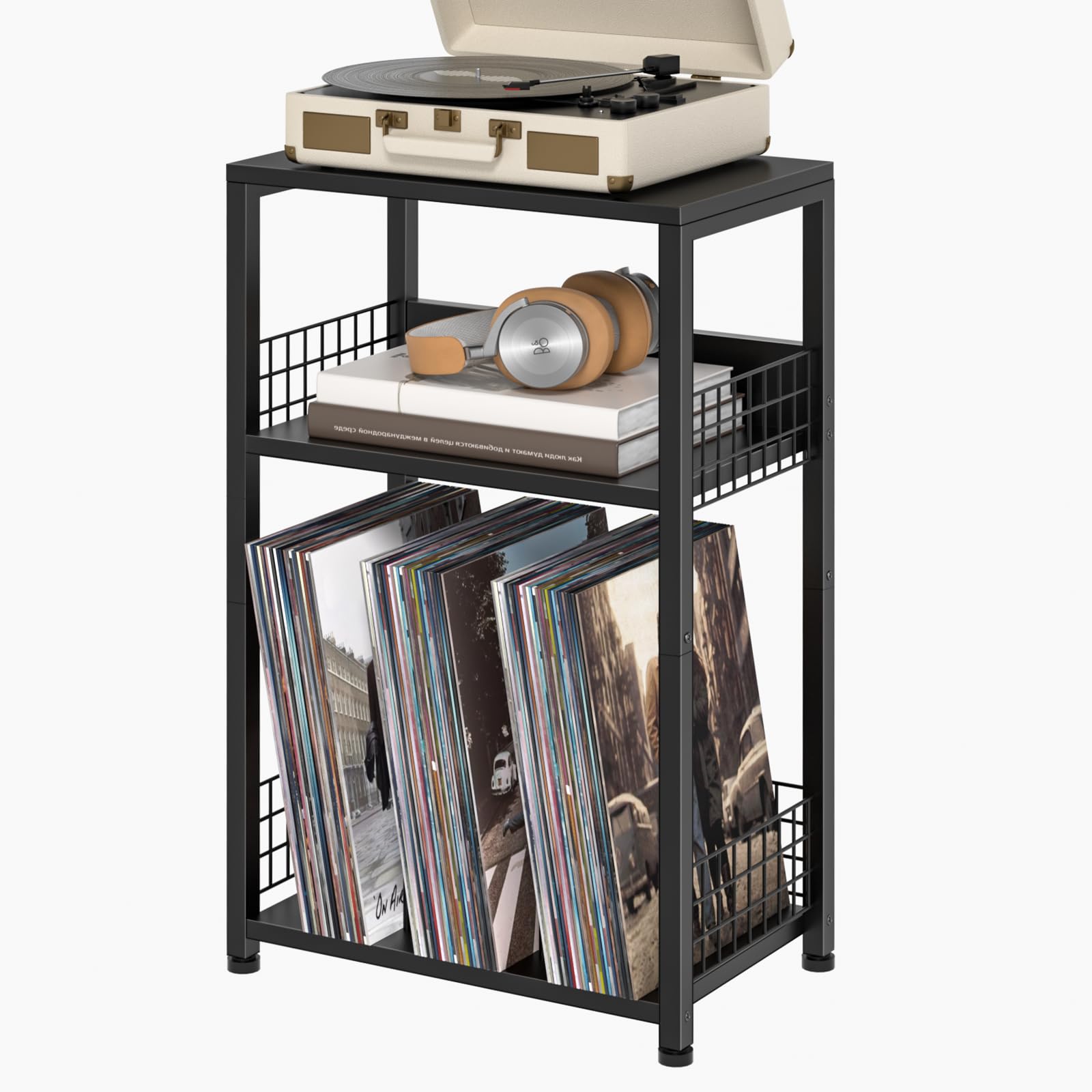 LELELINKY End Table with Storage, Brown Nightstand for Small Spaces,3 Tier Record Player Stand with Vinyl Storage Shelf, Sofa Couch Side Tables for Living Room Bedroom