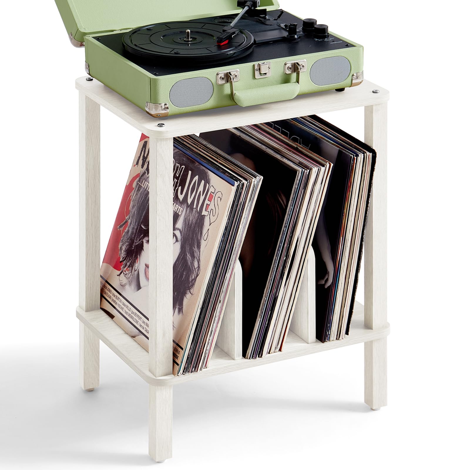 LELELINKY 2-Tier Record Player Stand with Vinyl Record Storage up to 100 Albums, Bedroom Record Holder and Multi-Functional End Table for Living Room, Brown