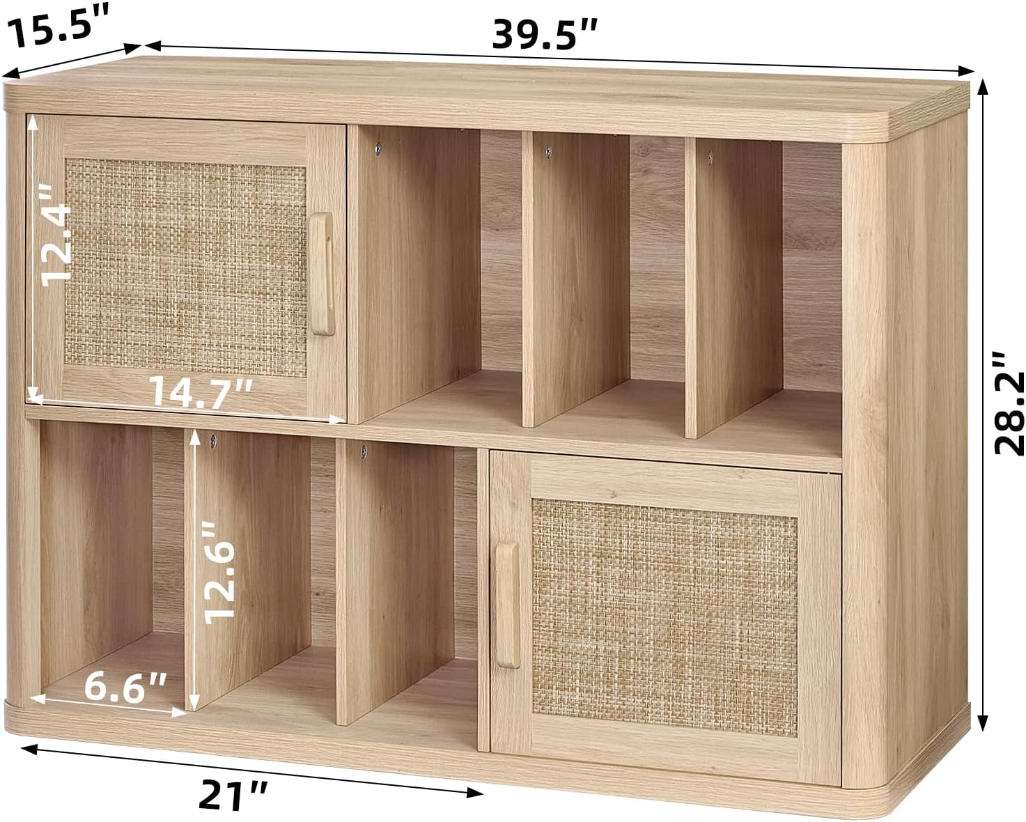 LELELINKY Large Record Player Stand - 39.5" Record Cabinet with Open Vinyl Storage Holds up to 400 Albums, Bohemian Vinyl Player Table with Rattan Doors, Turntable Stand for Living Room, Natural Oak