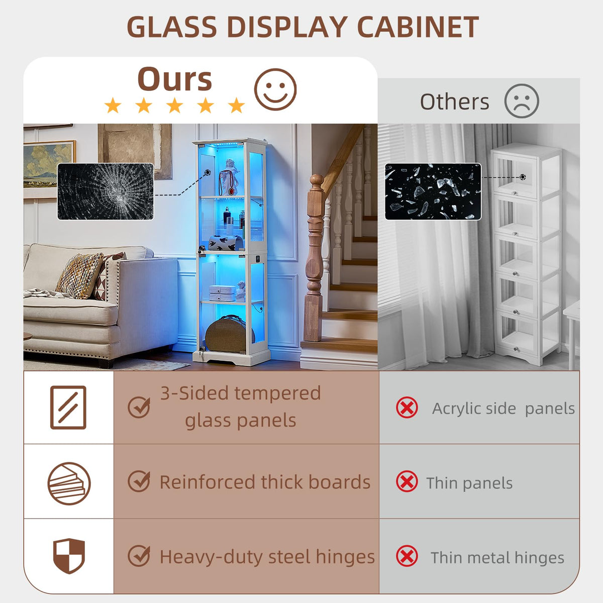 LELELINKY Farmhouse Narrow Glass Display Cabinet with Doors & Lock, Walnut