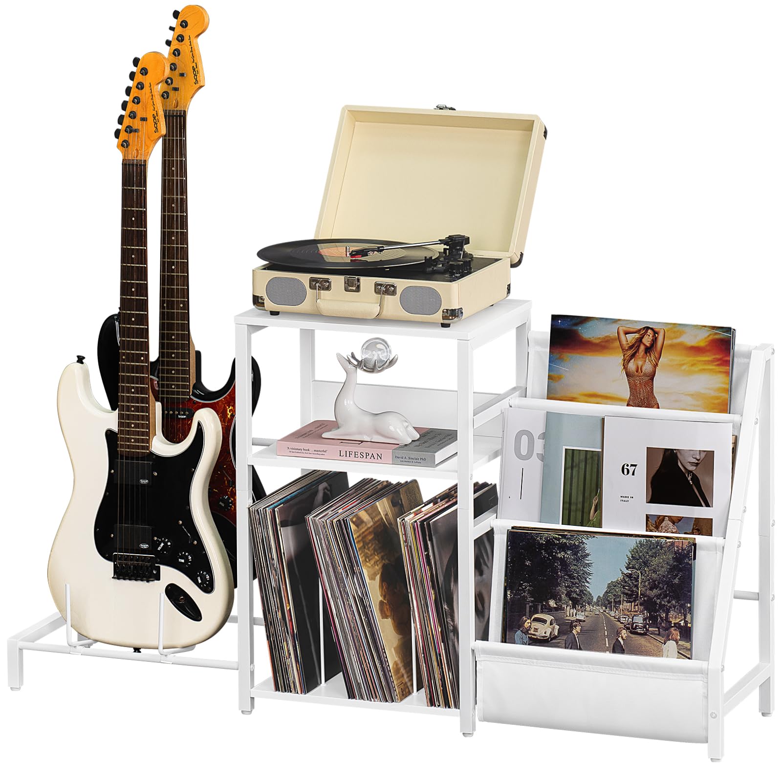 LELELINKY Record Player Stand, Black Adjustable Guitar Stand for Acoustic Guitar, Electric Guitar, Bass, Turntable Stand with Vinyl Display Shelf Storage Up to 150 Albums, End Table for Music Room