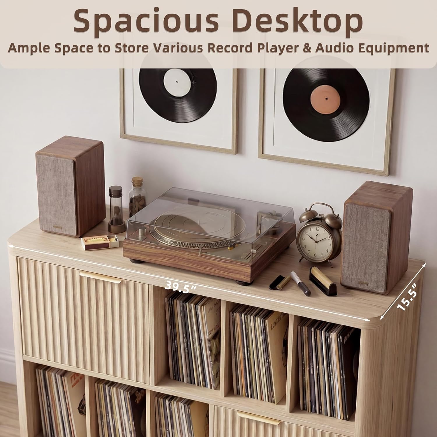 LELELINKY Large Record Player Stand - 39.5" Record Cabinet with Open Vinyl Storage Holds up to 400 Albums, Modern Vinyl Player Table with Fluted Doors, Turntable Stand for Living Room, Natural Oak
