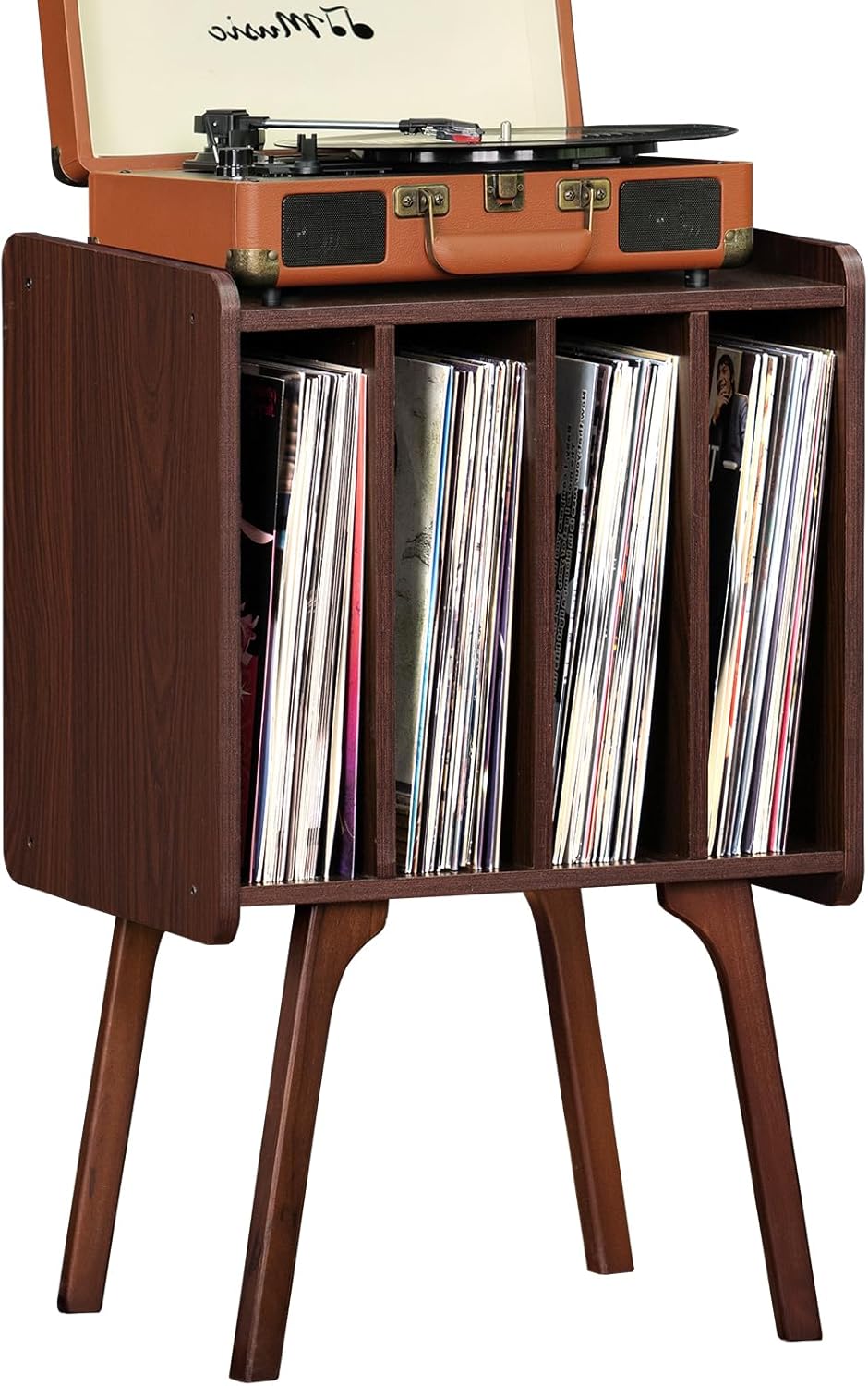 LELELINKY Record Player Stand, Walnut Vinyl Storage Table with 4 Cabinet Up to 100 Albums, Mid-Century Modern Record Holder Wood Legs