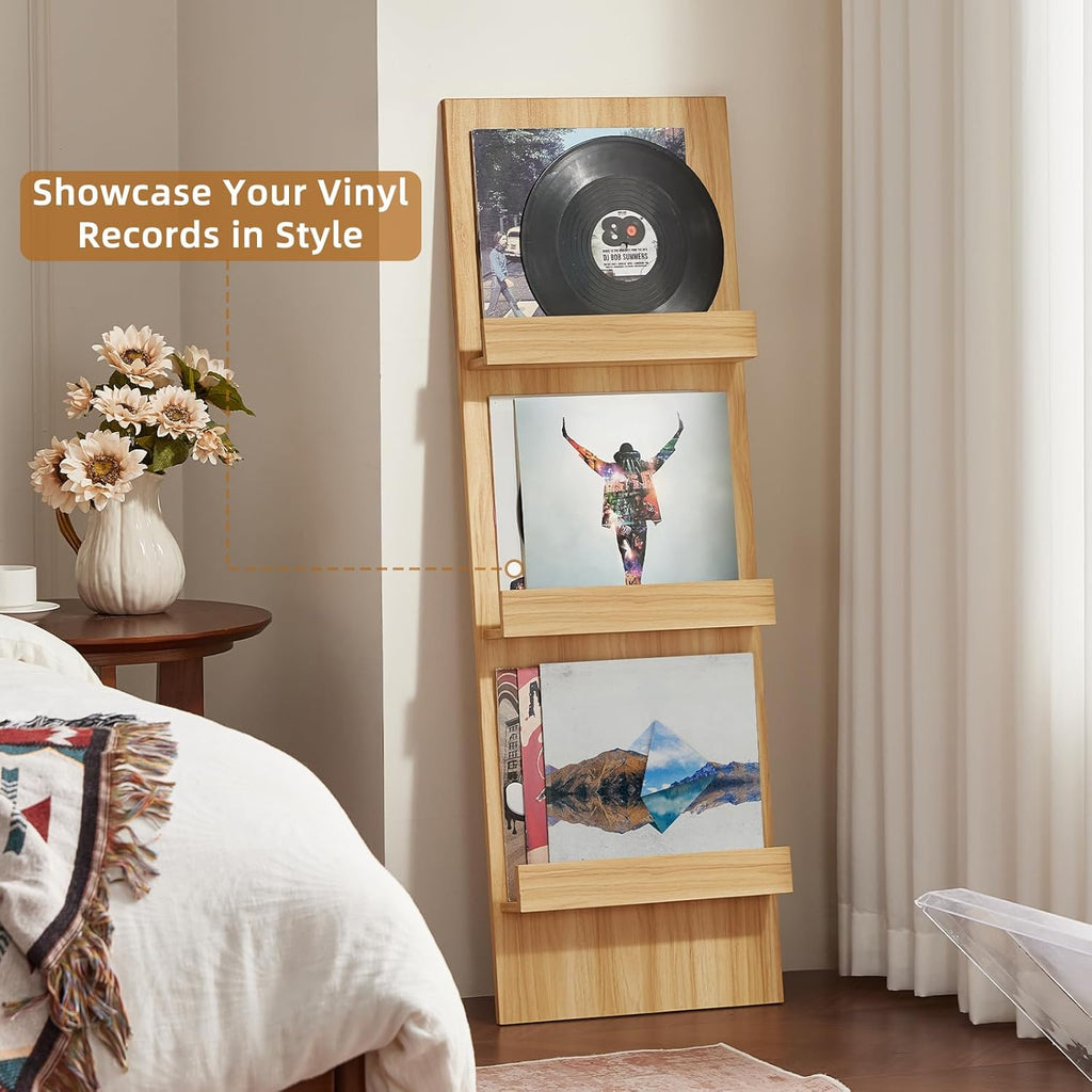 LELELINKY Wall Mount Vinyl Record Holder with 3 Tier Display Shelf, 47.5'' Tall Record Storage Magazine Holder, Book Shelf Holder Holds Up to 15 Vinyls Albums/CD for Living Room, Concert Hall, Natural