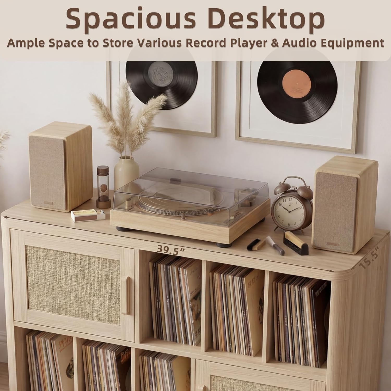 LELELINKY Large Record Player Stand - 39.5" Record Cabinet with Open Vinyl Storage Holds up to 400 Albums, Bohemian Vinyl Player Table with Rattan Doors, Turntable Stand for Living Room, Natural Oak