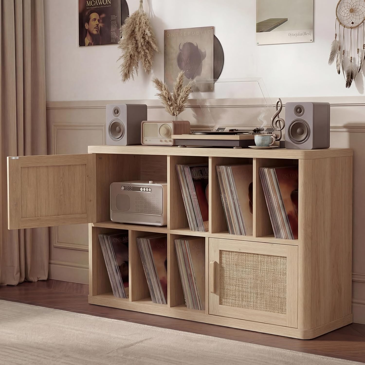 LELELINKY Large Record Player Stand - 39.5" Record Cabinet with Open Vinyl Storage Holds up to 400 Albums, Bohemian Vinyl Player Table with Rattan Doors, Turntable Stand for Living Room, Natural Oak
