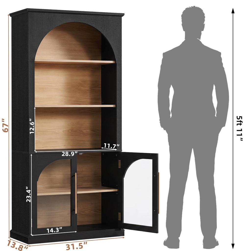 LELELINKY Arched Bookshelf with Tempered Glass Doors, 67" Tall Bookcase