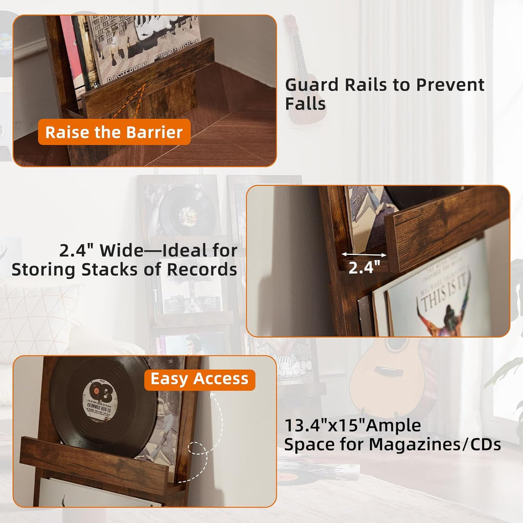 LELELINKY Wall-Leaning Vinyl Record Holder with 3 Tier Display Shelf, 47.5'' Tall Record Storage Magazine Holder, Vinlys Stand Holder Holds Up to 30 Vinyls Albums/CD for Living Room, Brown