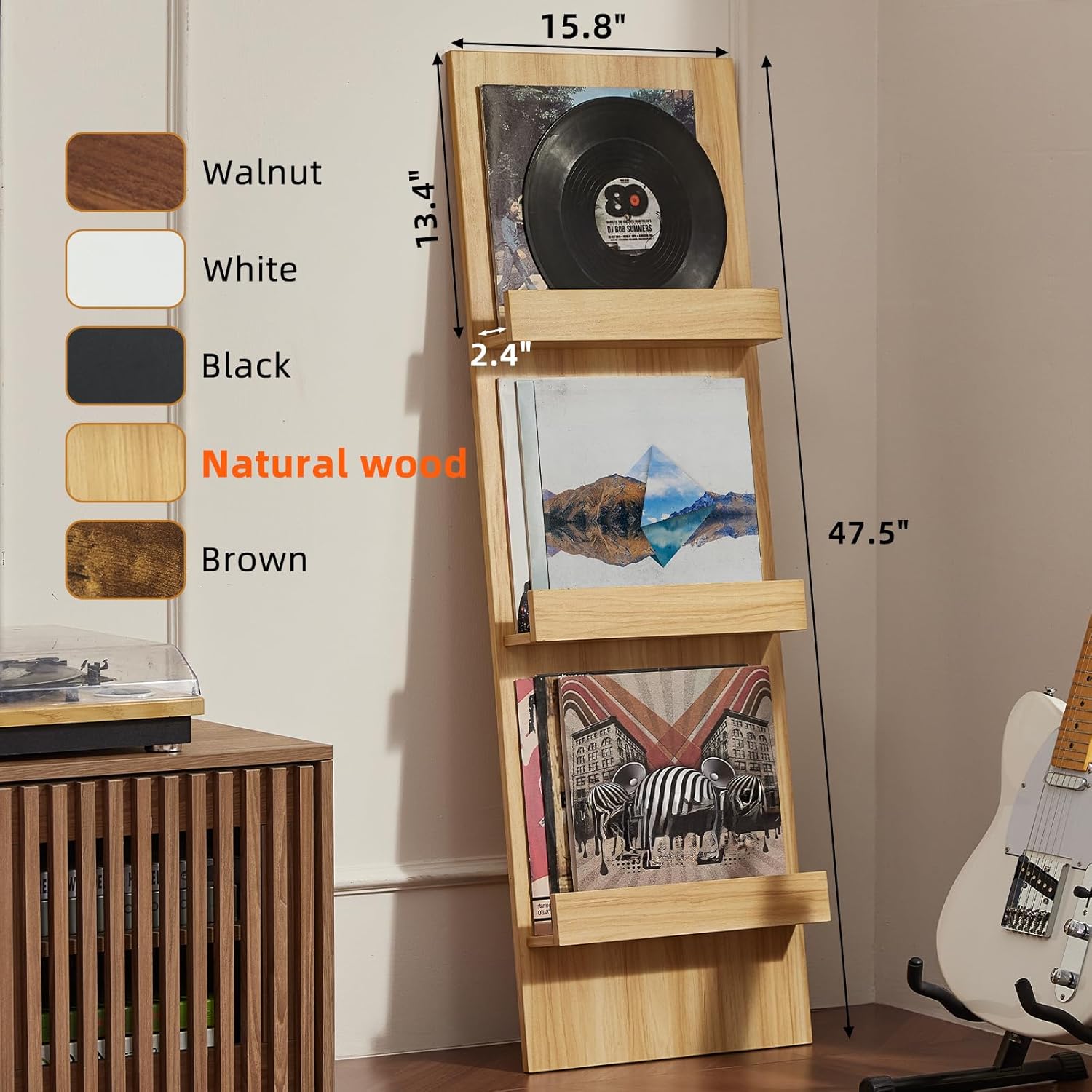 LELELINKY Wall Mount Vinyl Record Holder with 3 Tier Display Shelf, 47.5'' Tall Record Storage Magazine Holder, Book Shelf Holder Holds Up to 15 Vinyls Albums/CD for Living Room, Concert Hall, Natural