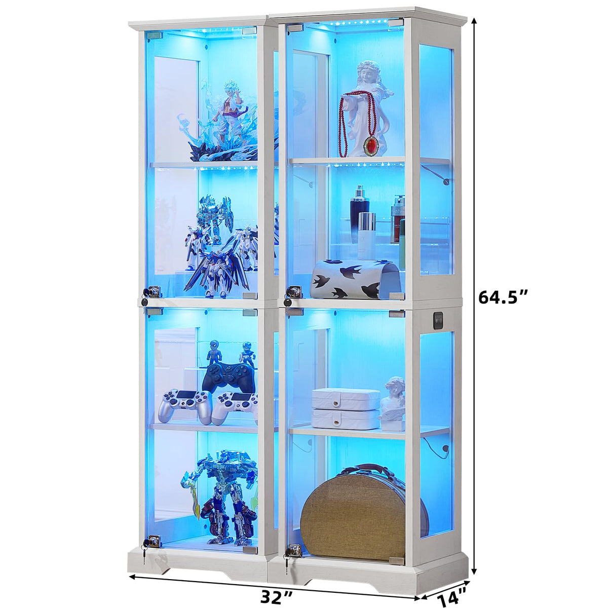 LELELINKY Farmhouse Narrow Glass Display Cabinet with Doors & Lock, Walnut