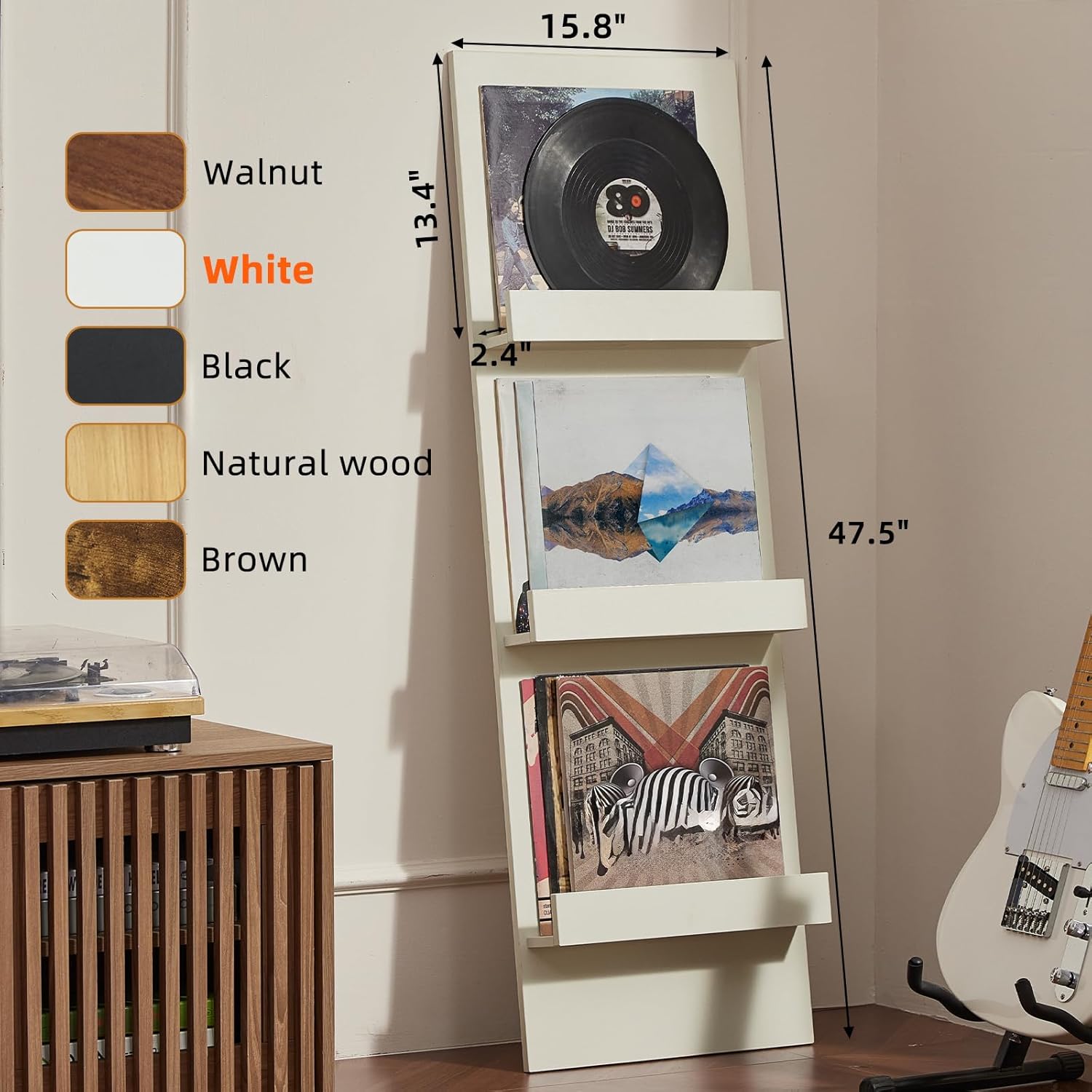 LELELINKY Wall Mount Vinyl Record Holder with 3 Tier Display Area, 47.5'' Tall Record Storage Magazine Holder, Book Shelf Holder Holds Up to 15 Vinyls Albums/CD for Living Room, Concert Hall, White