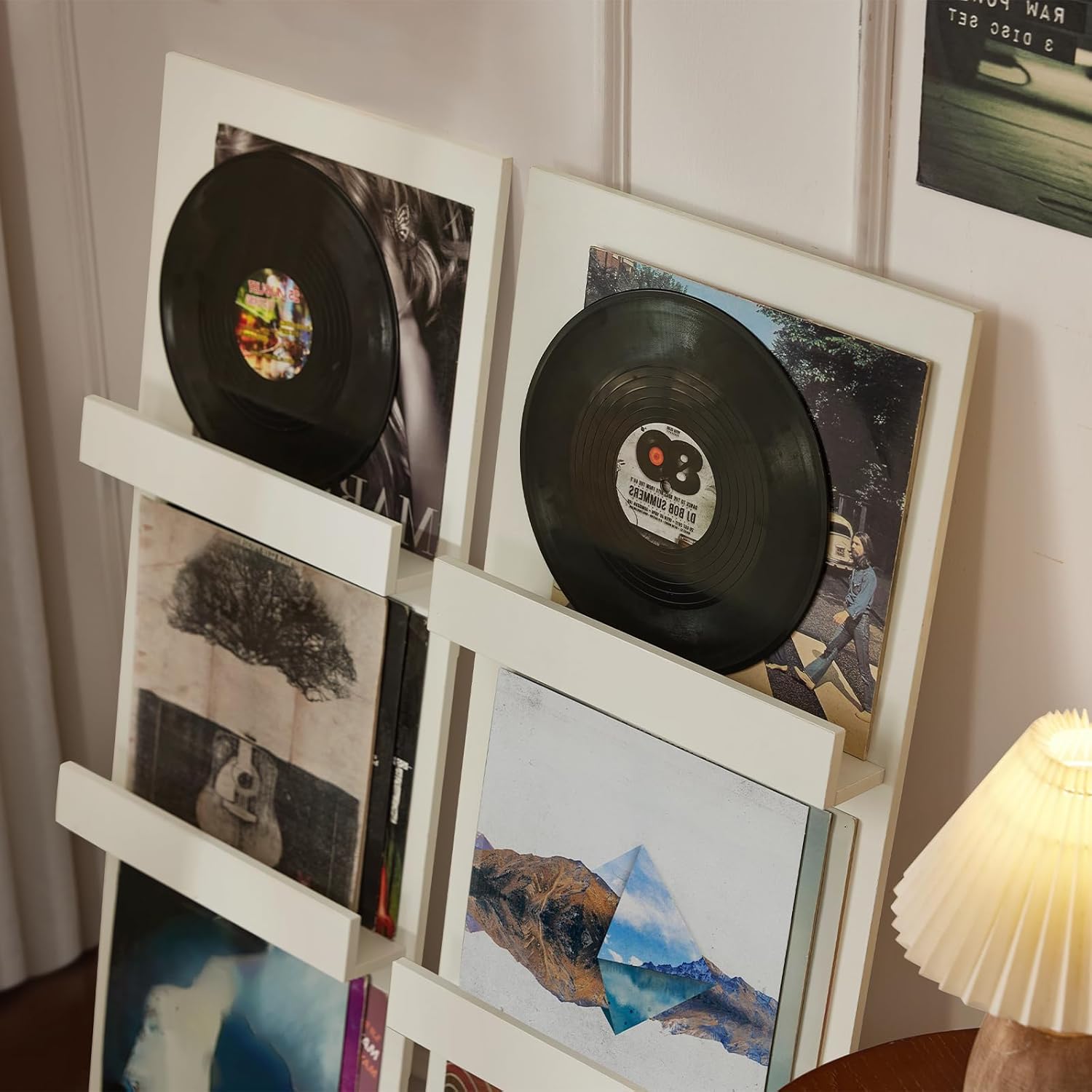 LELELINKY Wall Mount Vinyl Record Holder with 3 Tier Display Area, 47.5'' Tall Record Storage Magazine Holder, Book Shelf Holder Holds Up to 15 Vinyls Albums/CD for Living Room, Concert Hall, White