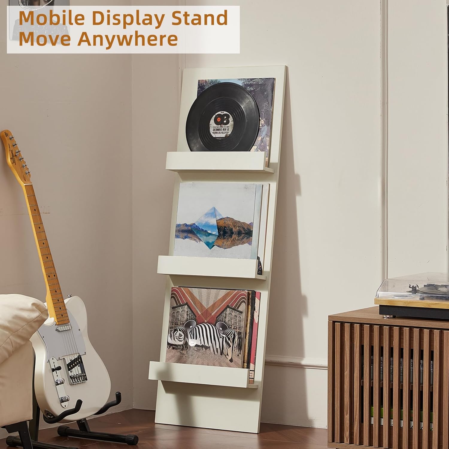 LELELINKY Wall Mount Vinyl Record Holder with 3 Tier Display Area, 47.5'' Tall Record Storage Magazine Holder, Book Shelf Holder Holds Up to 15 Vinyls Albums/CD for Living Room, Concert Hall, White
