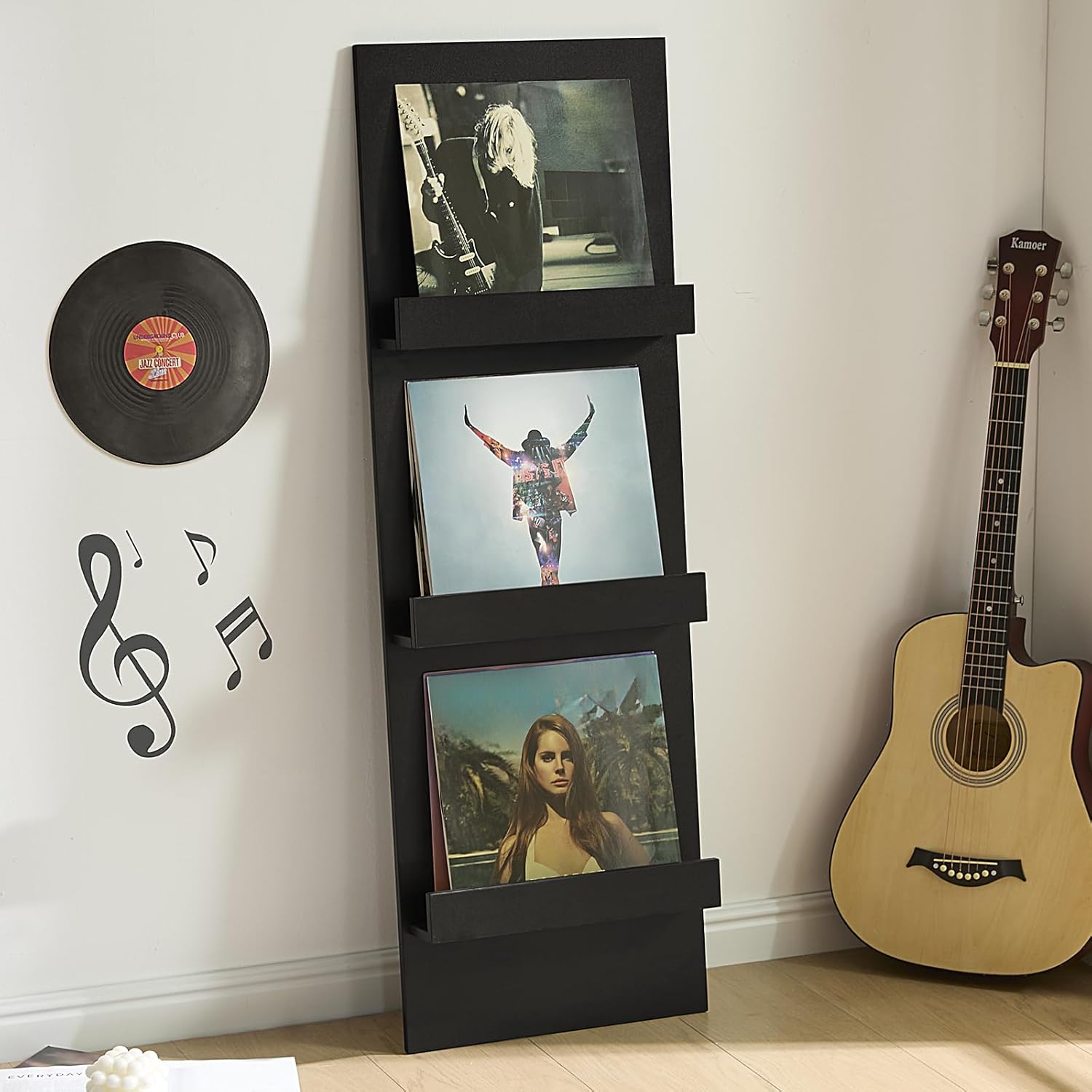 LELELINKY Wall Mount Vinyl Record Holder with 3 Tier Display Area, 47.5'' Tall Record Storage Magazine Holder, Book Shelf Holder Holds Up to 15 Vinyls Albums/CD for Music Room, Living Room, Black