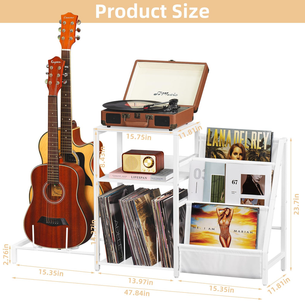 LELELINKY Record Player Stand, Black Adjustable Guitar Stand for Acoustic Guitar, Electric Guitar, Bass, Turntable Stand with Vinyl Display Shelf Storage Up to 150 Albums, End Table for Music Room