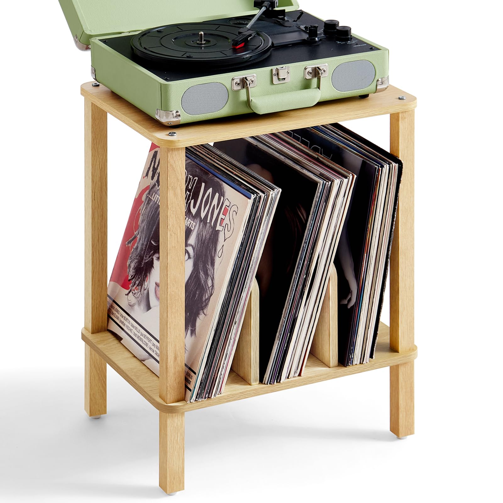 LELELINKY 2-Tier Record Player Stand with Vinyl Record Storage up to 100 Albums, Bedroom Record Holder and Multi-Functional End Table for Living Room, Brown