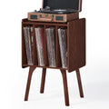 LELELINKY Record Player Stand,Vinyl Record Storage Table with 4 Cabinet Up to 100 Albums,Mid-Century Modern Turntable Stand with Wood Legs,Oak Grey Vinyl Holder Display Shelf for Bedroom Living Room