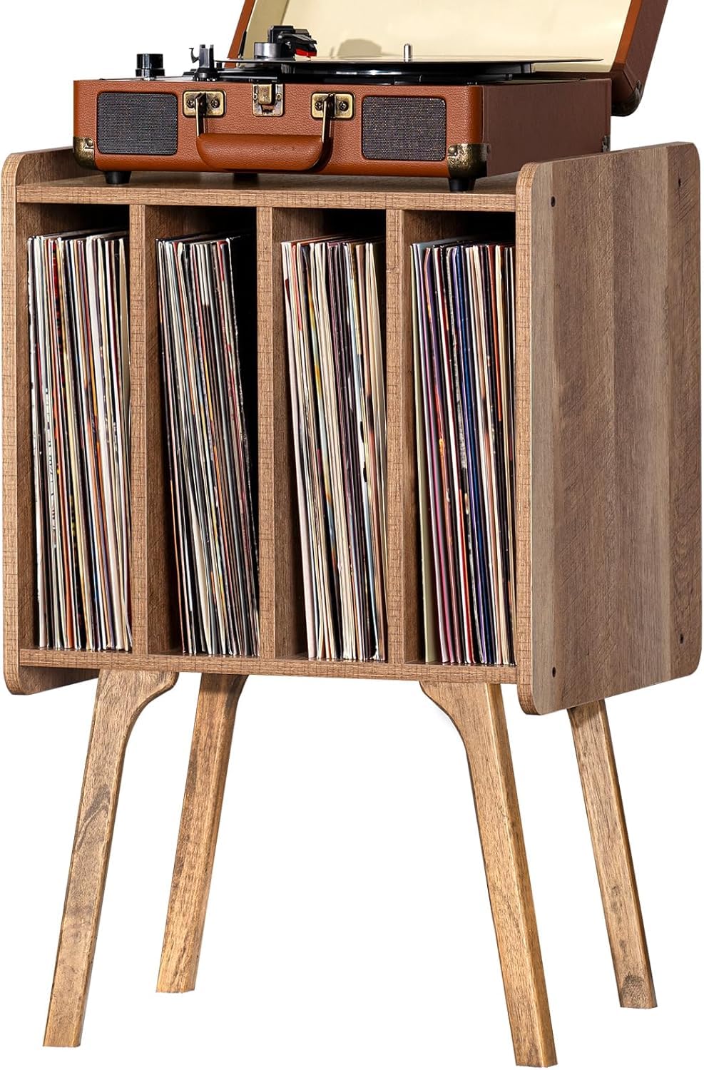 LELELINKY Small Record Player Stand - Width 11.7 in, Brown Vinyl Record Storage Table with 4 Cabinet Up to 80 Albums, Vinyl Holder with Wood Legs,Turntable Stand Display Shelf for Bedroom Living Room