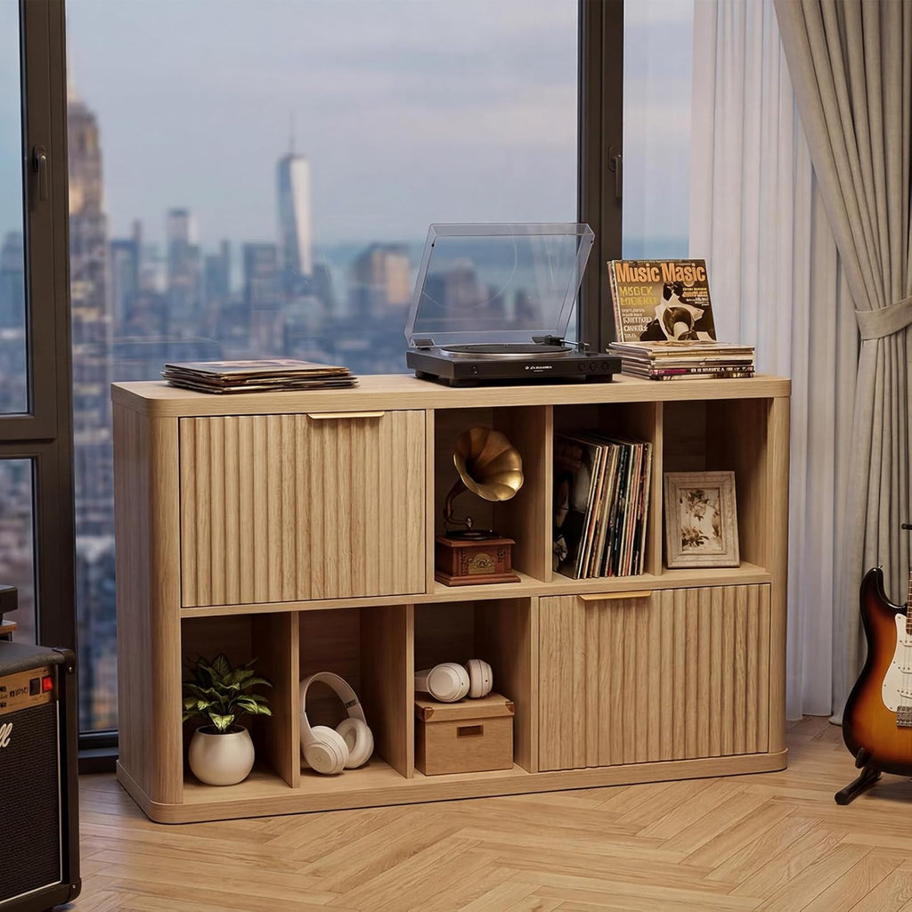 LELELINKY Large Record Player Stand - 39.5" Record Cabinet with Open Vinyl Storage Holds up to 400 Albums, Modern Vinyl Player Table with Fluted Doors, Turntable Stand for Living Room, Natural Oak