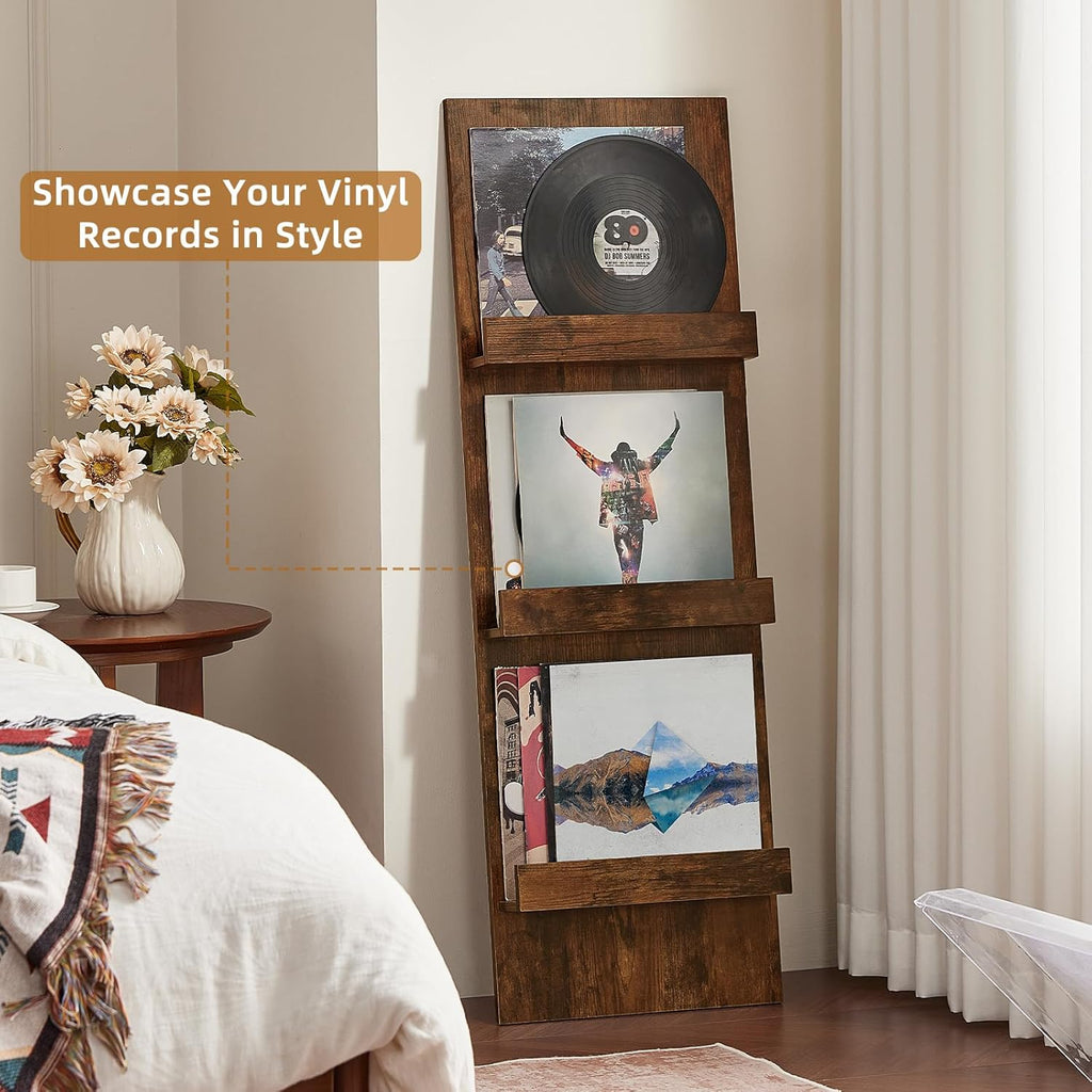 LELELINKY Wall-Leaning Vinyl Record Holder with 3 Tier Display Shelf, 47.5'' Tall Record Storage Magazine Holder, Vinlys Stand Holder Holds Up to 30 Vinyls Albums/CD for Living Room, Brown