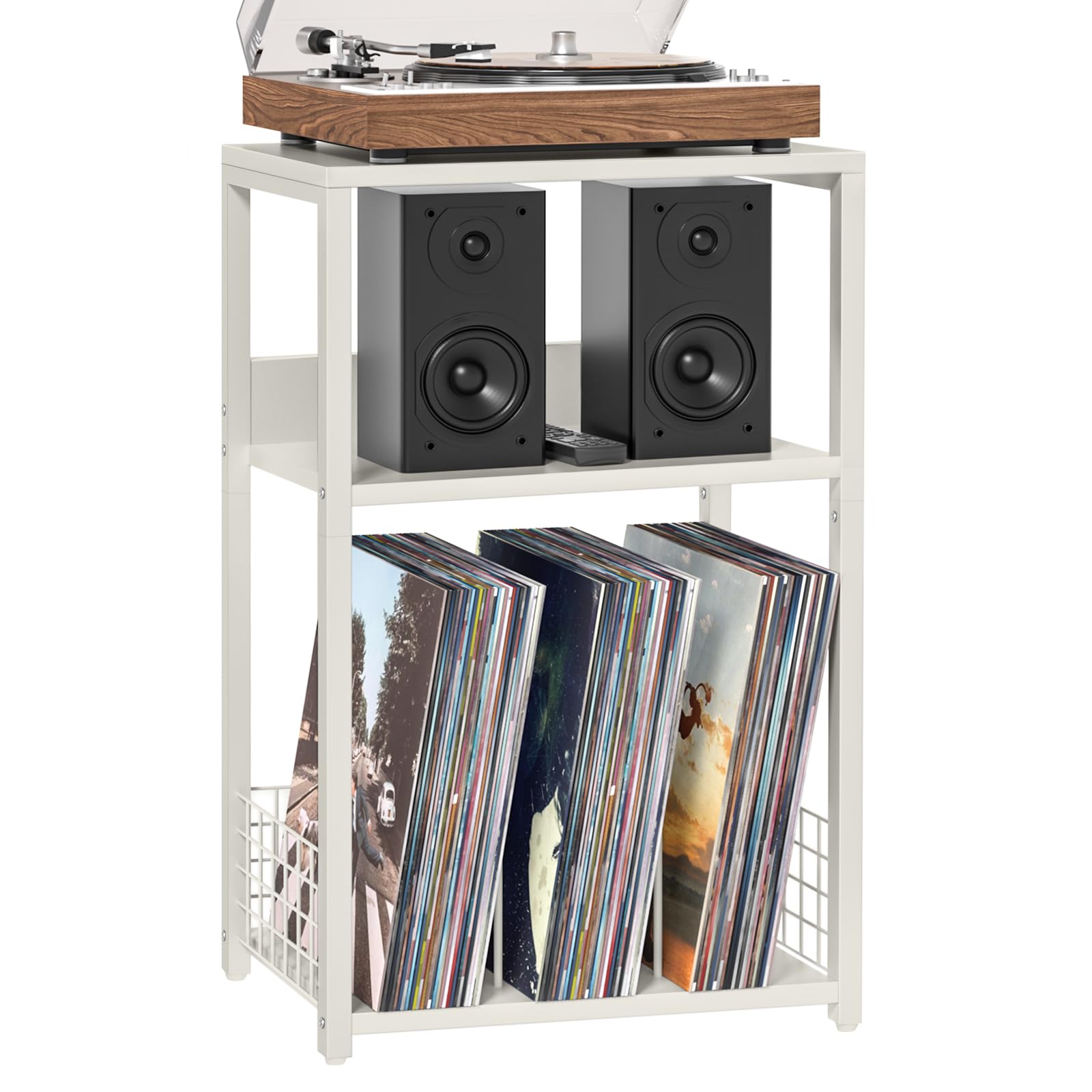 LELELINKY 3 Tier End Table,Record Player Stand with Storage Up to 100 Albums,Turntable Stand for Vinyl,Brown Records Shelf for Living Room Bedroom
