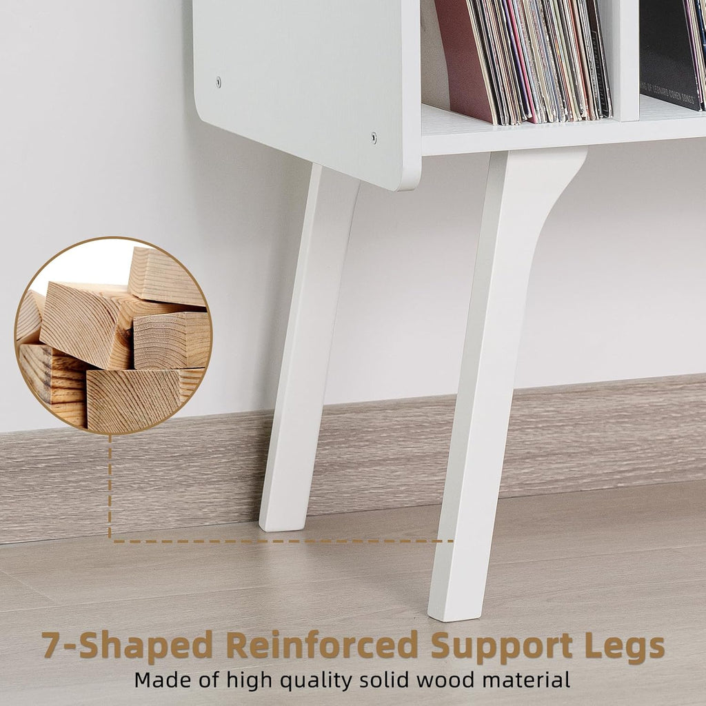 LELELINKY Record Player Stand,Vinyl Record Storage Table with 4 Cabinet Up to 120 Albums,Mid-Century Turntable Stand with Wood Legs,White Vinyl Holder Display Shelf for Bedroom Living Room