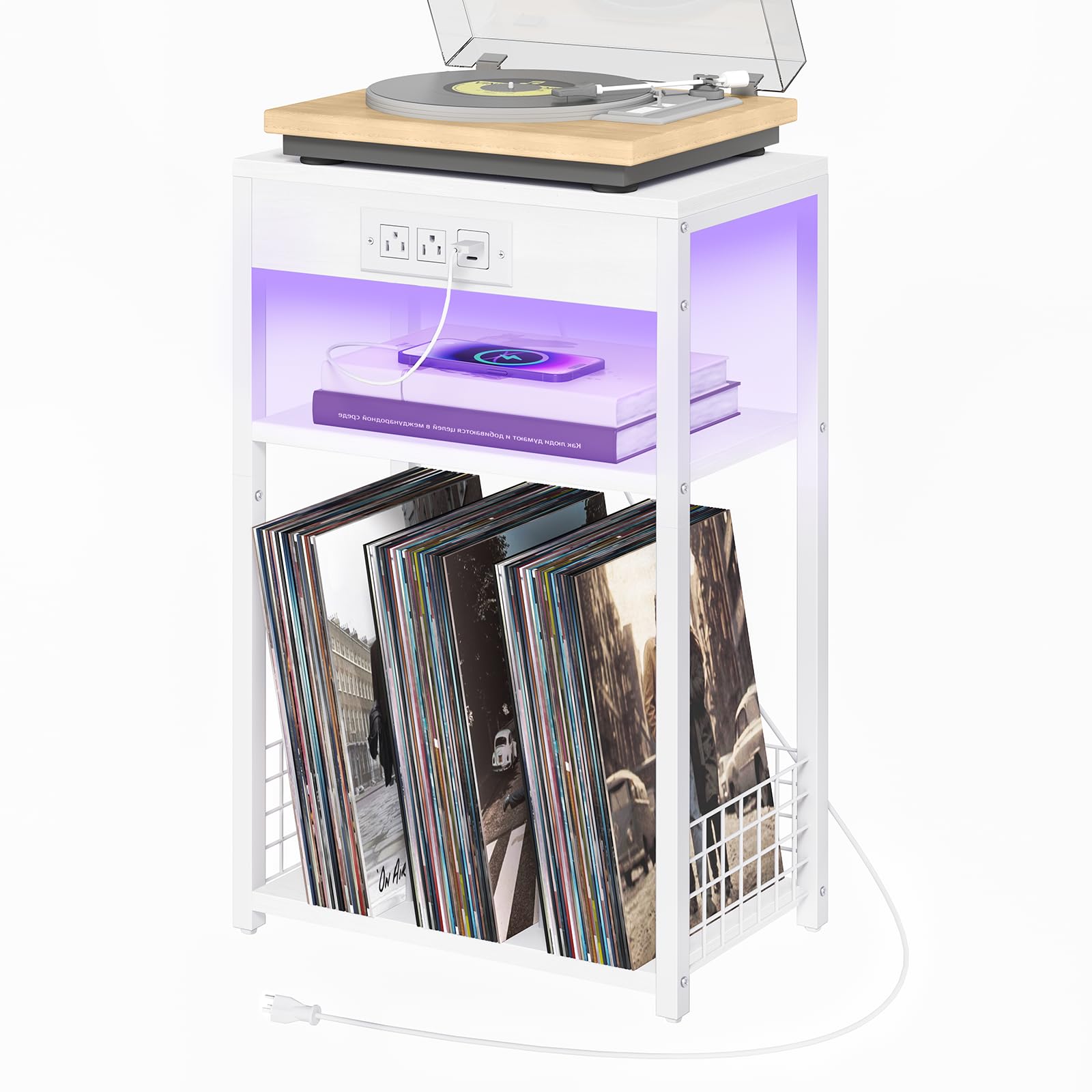 LELELINKY End Table with Storage, Brown Nightstand for Small Spaces,3 Tier Record Player Stand with Vinyl Storage Shelf, Sofa Couch Side Tables for Living Room Bedroom