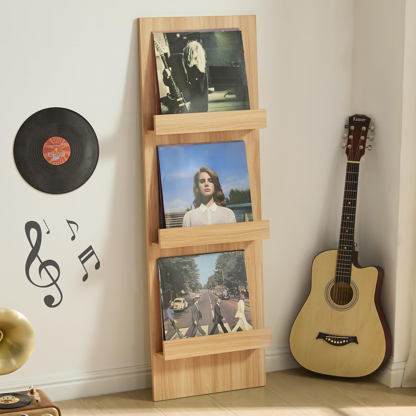 LELELINKY Wall Mount Vinyl Record Holder with 3 Tier Display Area, 47.5'' Tall Record Storage Magazine Holder, Book Shelf Holder Holds Up to 15 Vinyls Albums/CD for Music Room, Living Room, Black