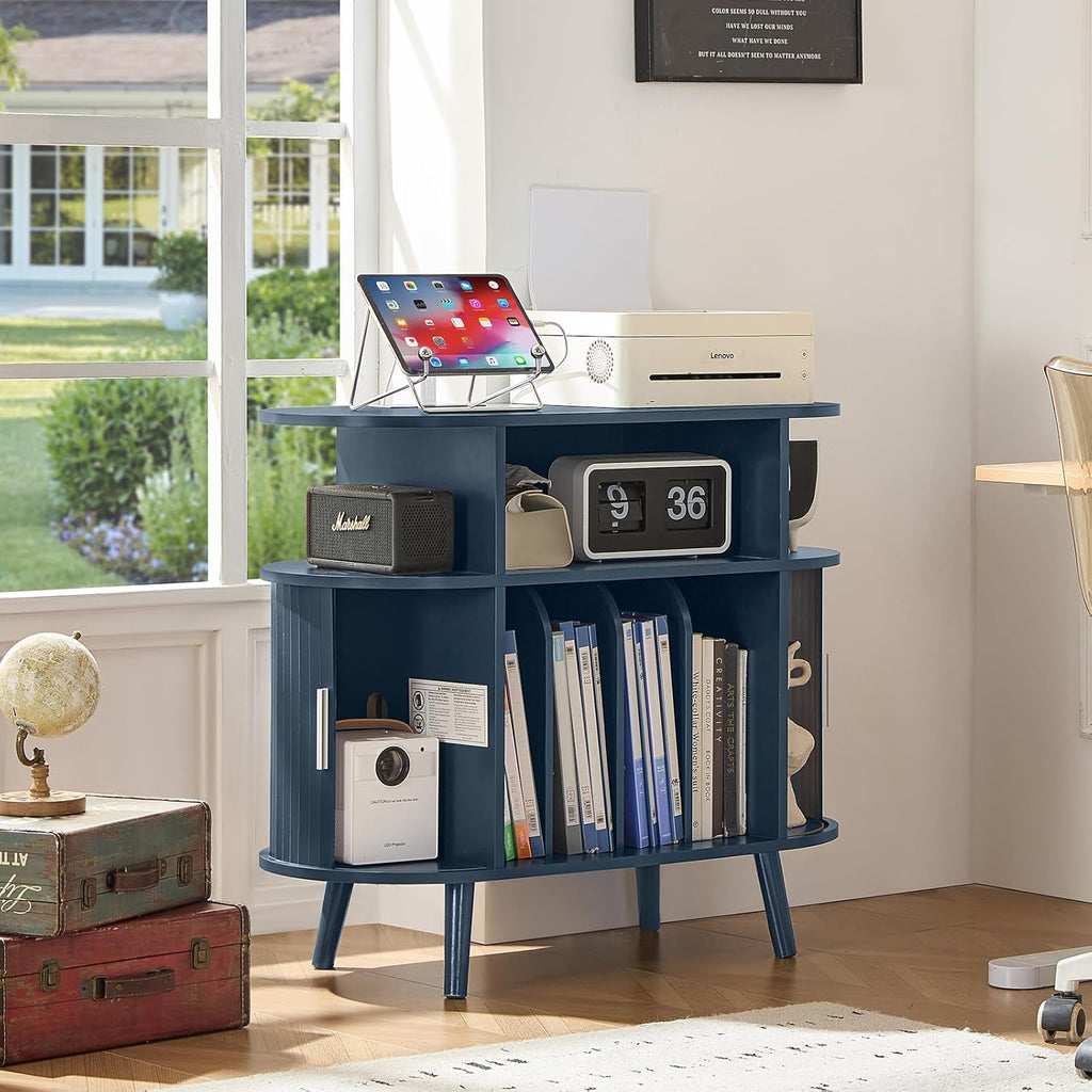 LELELINKY Large Round Record Player Stand with Charging Station & Fluted Display Shelf, Blue Mid Century Modern Turntable Cabinet with Vinyl Storage, Arched Wood Record Player Table for Living Room