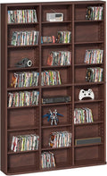 LELELINKY 8 Tier Tall Display Cabinet, Walnut Media Storage Cabinet with Adjustable Shelves, Free Standing DVD Organizer Shelf, Floor Multimedia Storage Manga Bookshelf for Living Room & Home Office.