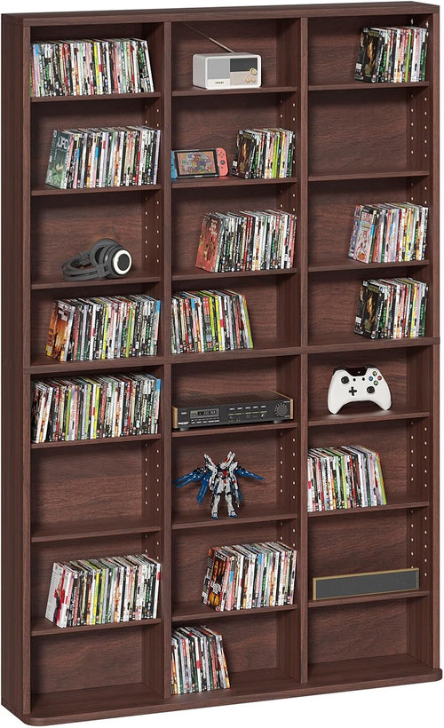 LELELINKY 8 Tier Tall Display Cabinet, Walnut Media Storage Cabinet with Adjustable Shelves, Free Standing DVD Organizer Shelf, Floor Multimedia Storage Manga Bookshelf for Living Room & Home Office.