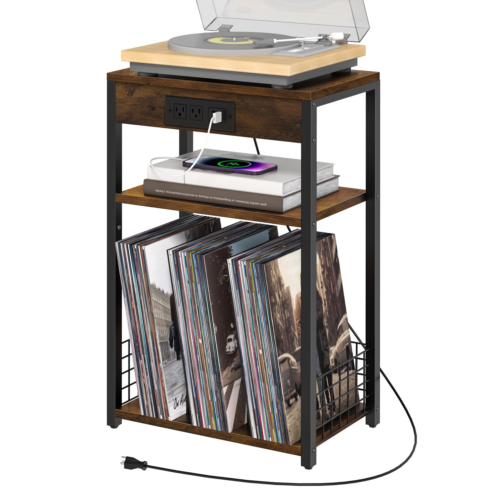 LELELINKY End Table with Storage, Brown Nightstand for Small Spaces,3 Tier Record Player Stand with Vinyl Storage Shelf, Sofa Couch Side Tables for Living Room Bedroom