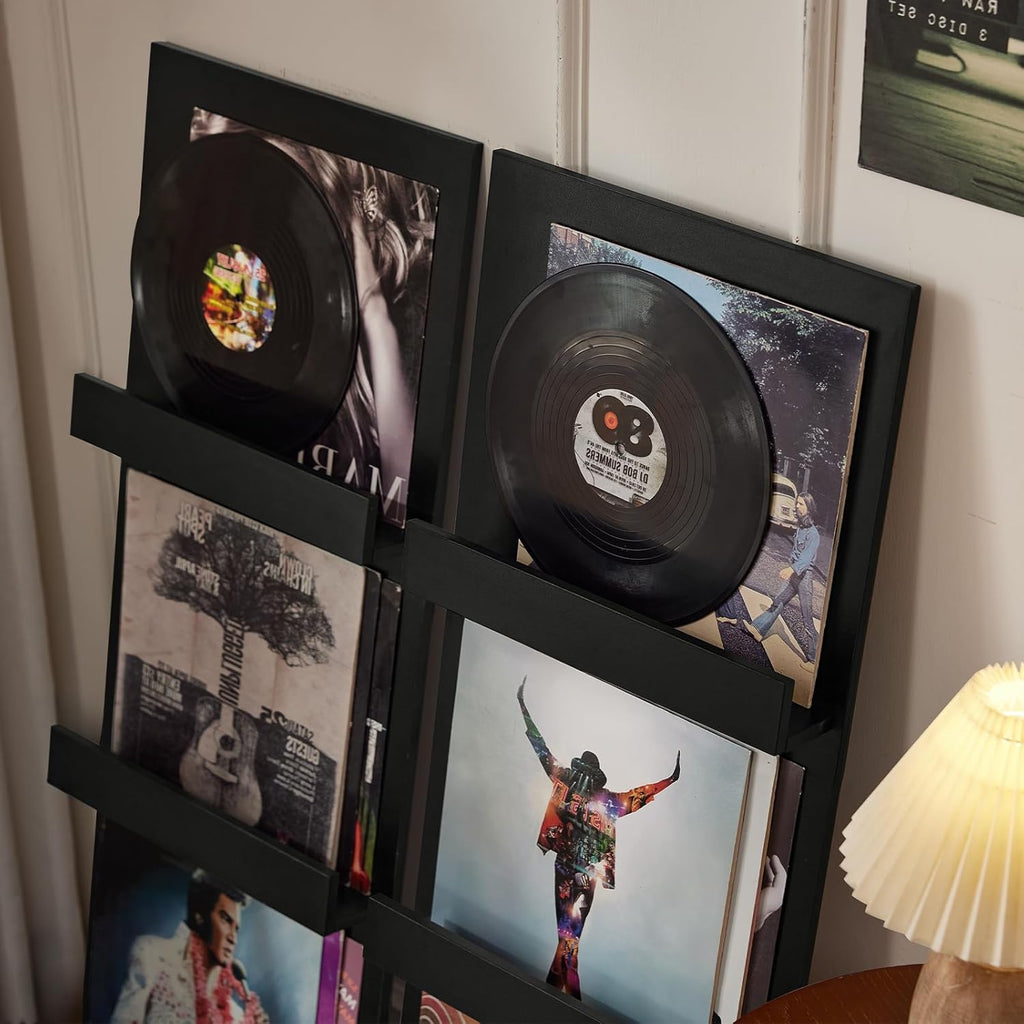 LELELINKY Wall Mount Vinyl Record Holder with 3 Tier Display Shelf, 47.5'' Tall Record Storage Magazine Holder, Book Shelf Holder Holds Up to 15 Vinyls Albums/CD for Living Room, Concert Hall, Black