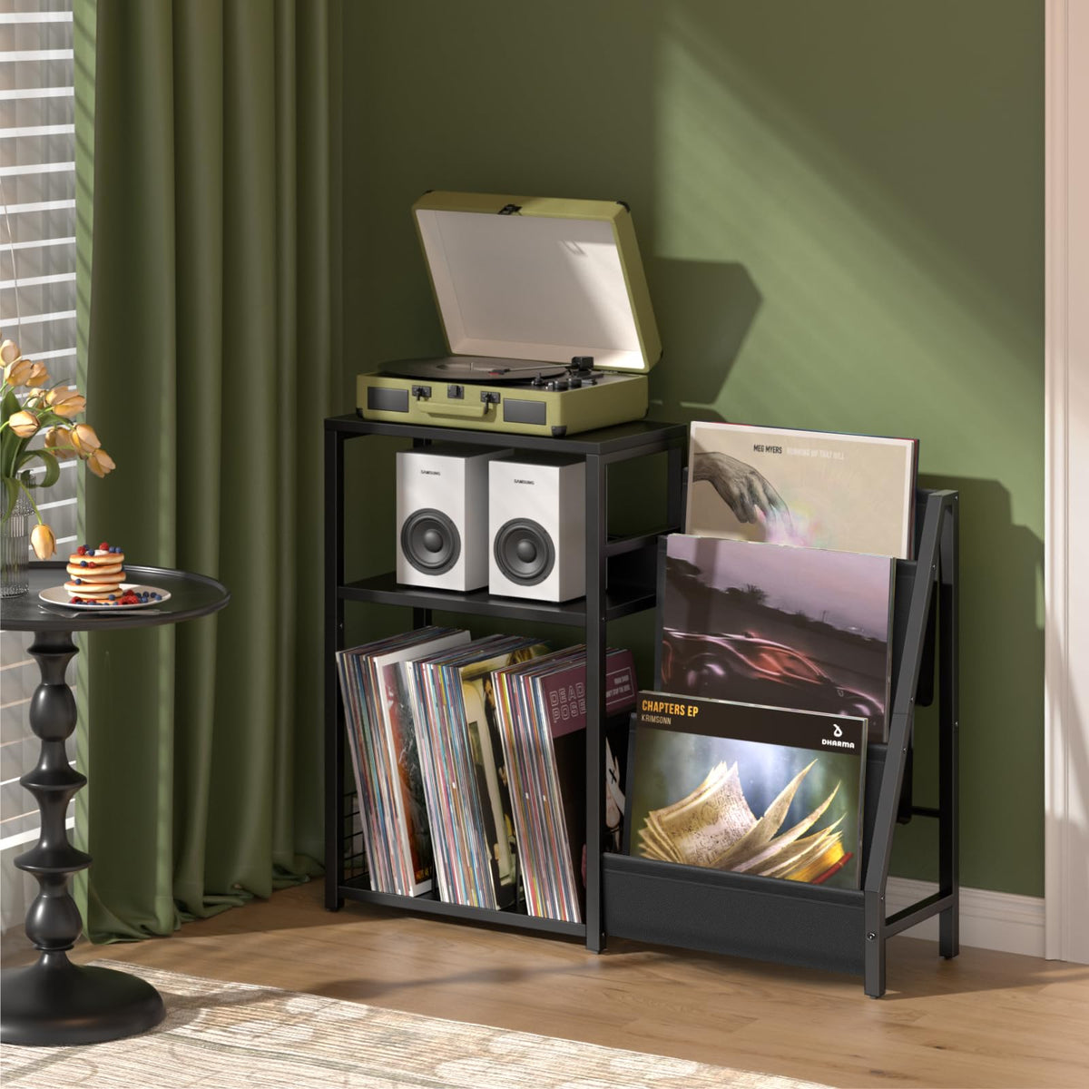 LELELINKY Record Player Stand, Black Adjustable Guitar Stand for Acoustic Guitar, Electric Guitar, Bass, Turntable Stand with Vinyl Display Shelf Storage Up to 150 Albums, End Table for Music Room