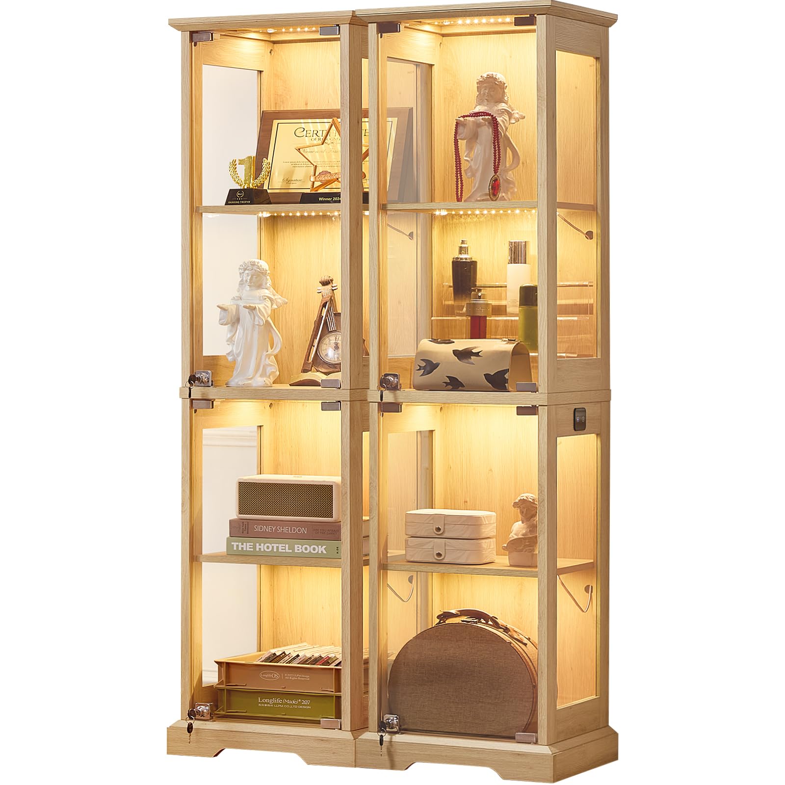 LELELINKY Farmhouse Narrow Glass Display Cabinet with Doors & Lock, Walnut