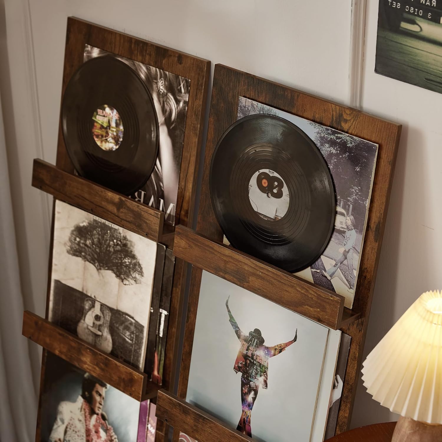 LELELINKY Wall-Leaning Vinyl Record Holder with 3 Tier Display Shelf, 47.5'' Tall Record Storage Magazine Holder, Vinlys Stand Holder Holds Up to 30 Vinyls Albums/CD for Living Room, Brown