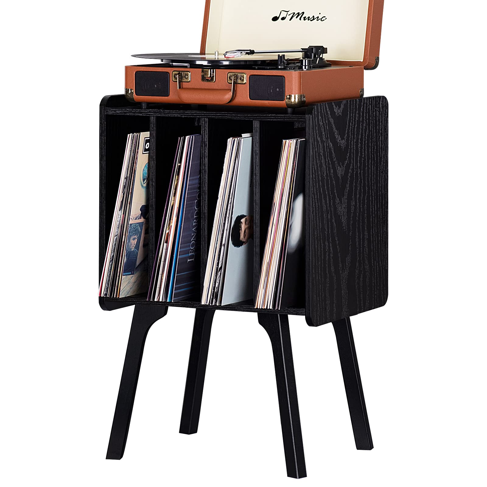 LELELINKY Small Record Player Stand - Width 11.7 in, Brown Vinyl Record Storage Table with 4 Cabinet Up to 80 Albums, Vinyl Holder with Wood Legs,Turntable Stand Display Shelf for Bedroom Living Room
