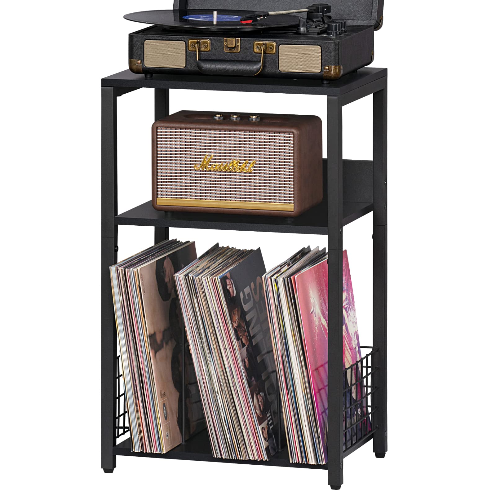 LELELINKY 3 Tier End Table,Record Player Stand with Storage Up to 100 Albums,Turntable Stand for Vinyl,Brown Records Shelf for Living Room Bedroom