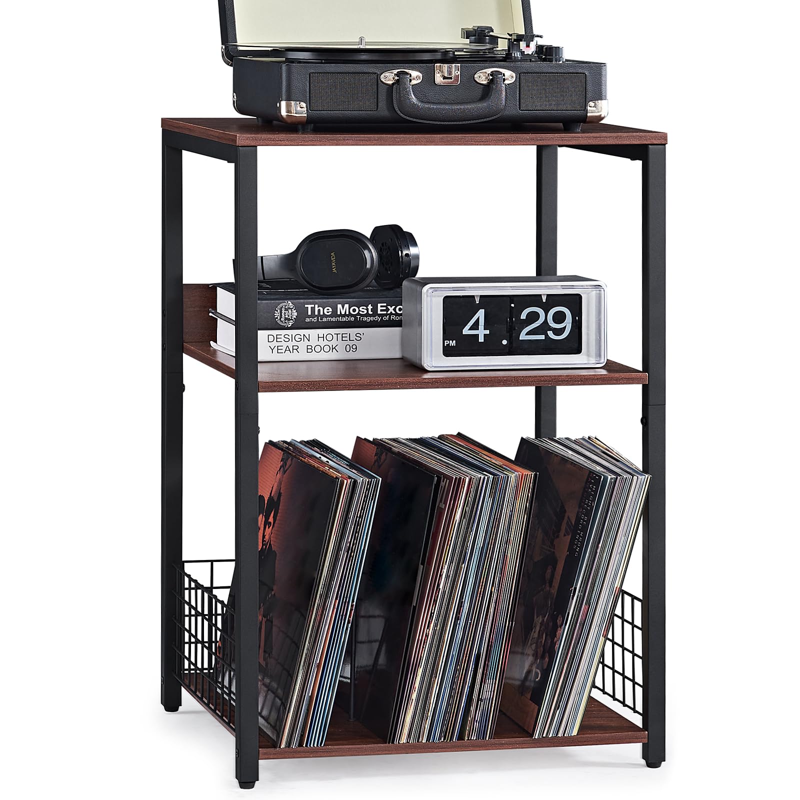 LELELINKY 3 Tier End Table,Record Player Stand with Storage Up to 100 Albums,Turntable Stand for Vinyl,Brown Records Shelf for Living Room Bedroom