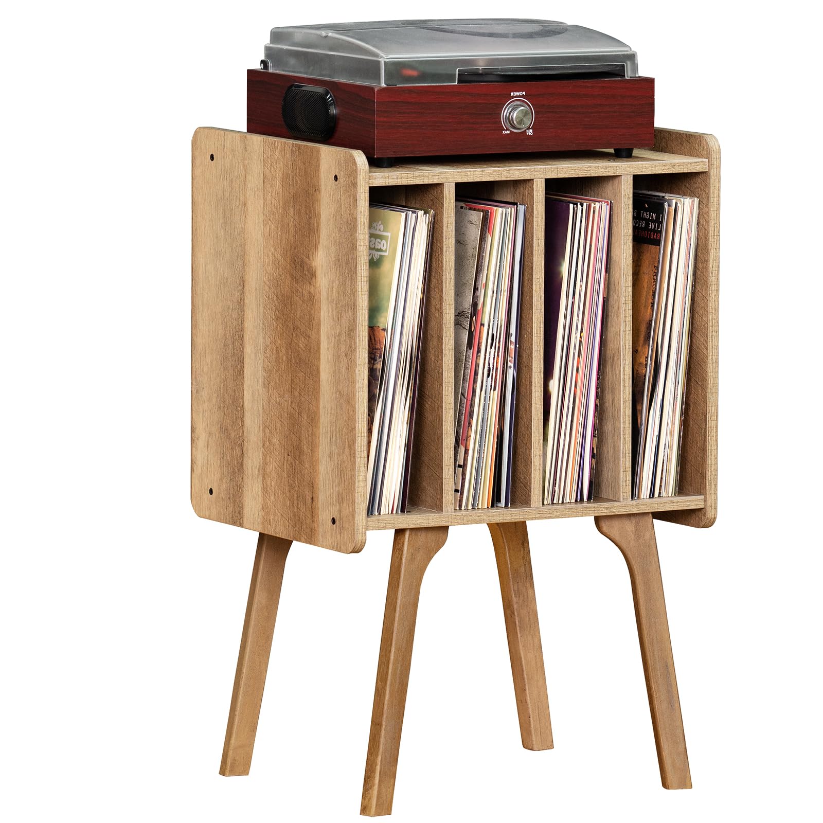 LELELINKY Record Player Stand, Walnut Vinyl Storage Table with 4 Cabinet Up to 100 Albums, Mid-Century Modern Record Holder Wood Legs