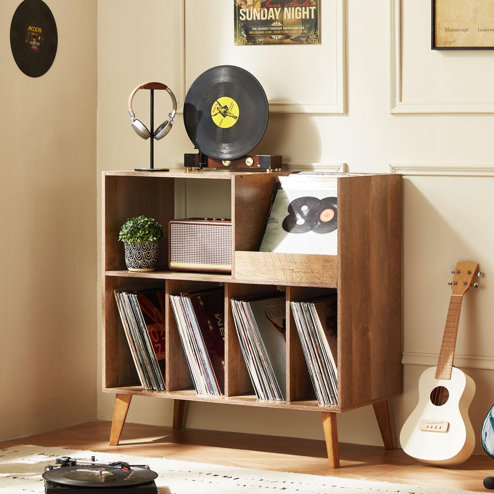 LELELINKY Large Record Player Stand, Turntable Stand with Storage, Vinyl Record Holder with Display Area, Record Player Table Holds Up to 300 Albums, Record Stand for Music Room Living Room-Brown