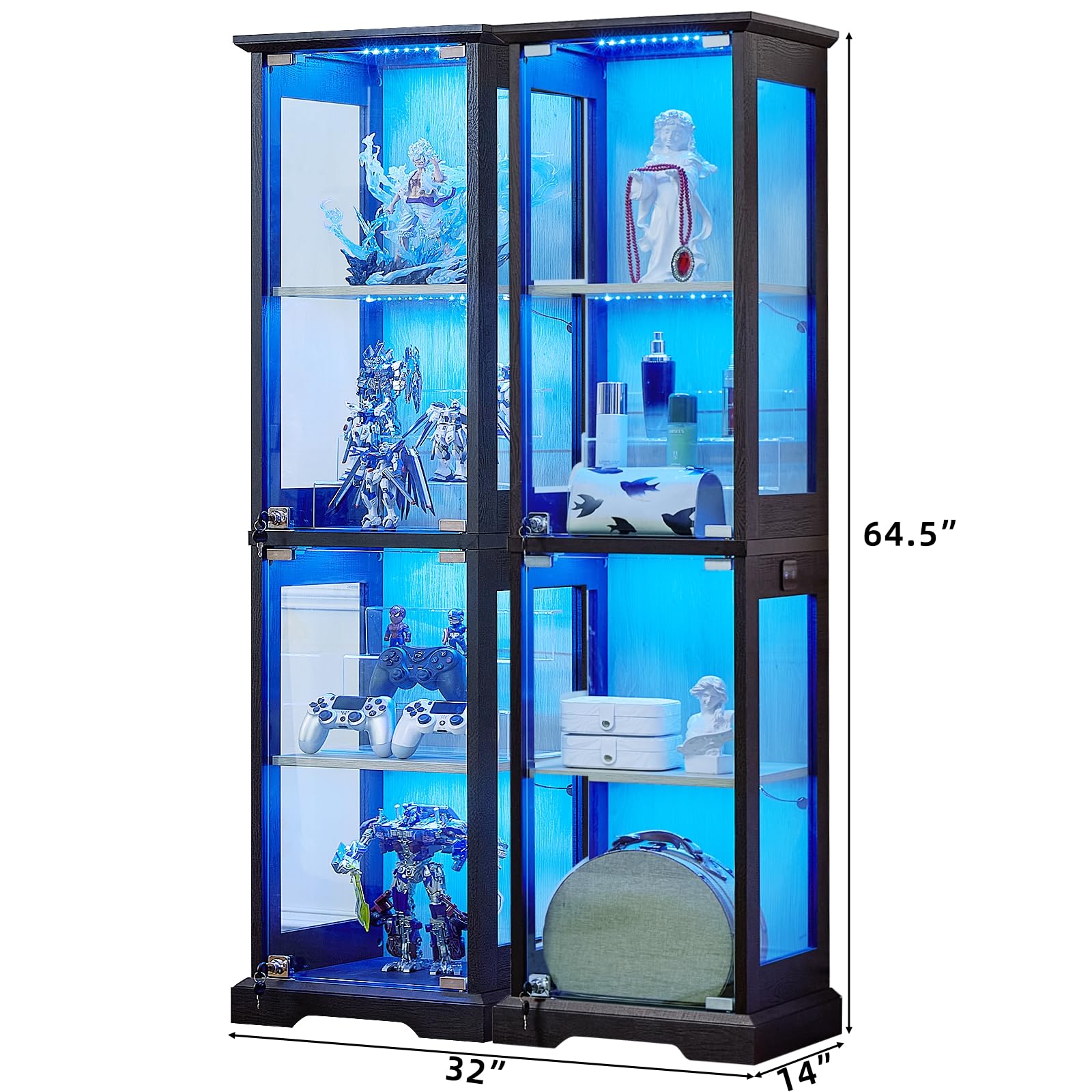 LELELINKY Farmhouse Narrow Glass Display Cabinet with Doors & Lock, Walnut