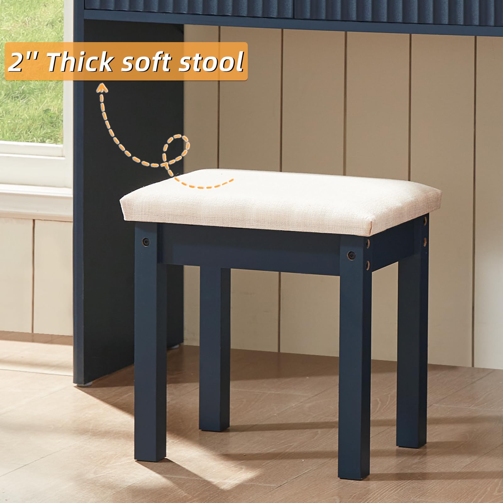 LEYAOYAO Vanity Stool, Elegant Wooden Makeup Chair Stool with Comfortable Fabric Cushion, Modern Make Up Bench for Bedroom and Bathroom-Classic Black